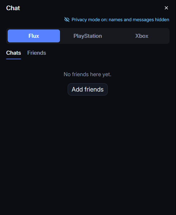 Flux's chat panel with Flux, PlayStation and Xbox tabs and privacy mode switched on.
