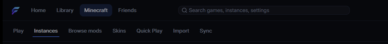 Flux's top bar with the Minecraft tabs: Play, Instances, Browse mods, Skins, Quick Play, Import and Sync.